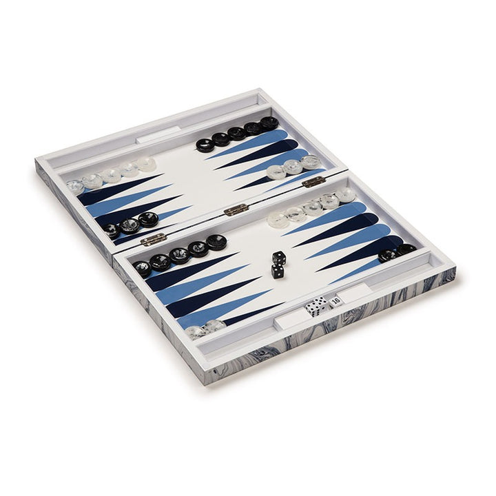 Wavy Marble Lacquer Backgammon Set in Blue