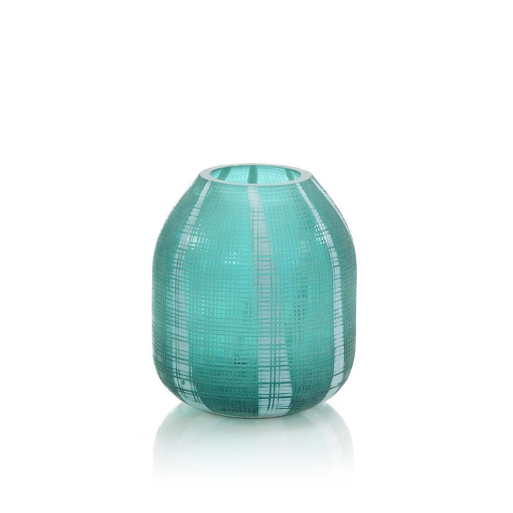 AQUA GREEN ETCHED GLASS VASE III