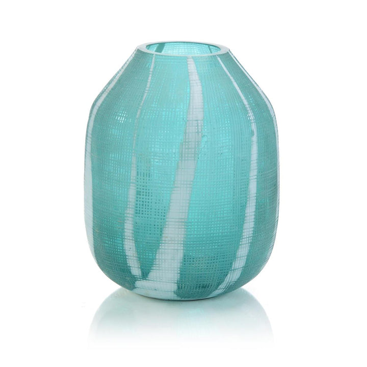AQUA GREEN ETCHED GLASS VASE I